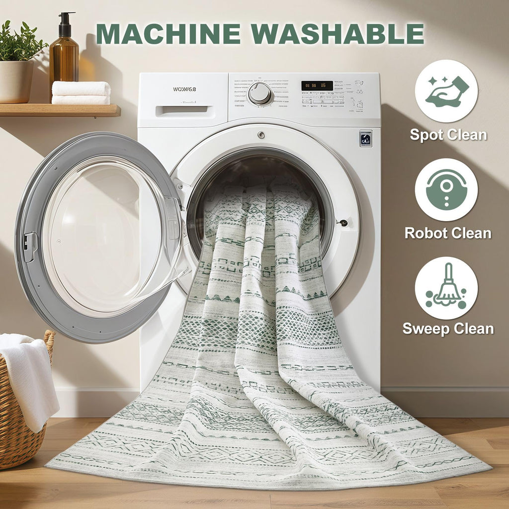 Nakagishi Green Rug Living Room 6x9: Washable Boho Large Neutral Farmhouse Soft Area Rugs Modern Stain Resistant Moroccan Indoor Non-Slip Floor Carpet for Bedroom Nursery Playroom Office Dining Room