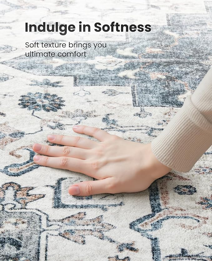 AMADA HOMEFURNISHING Round 8ft Area Rugs, Low-Profile Washable Rug with Non-Slip Backing & Durable Edge Binding, Vintage Rugs for Living Room, Bedroom, Dinning Room