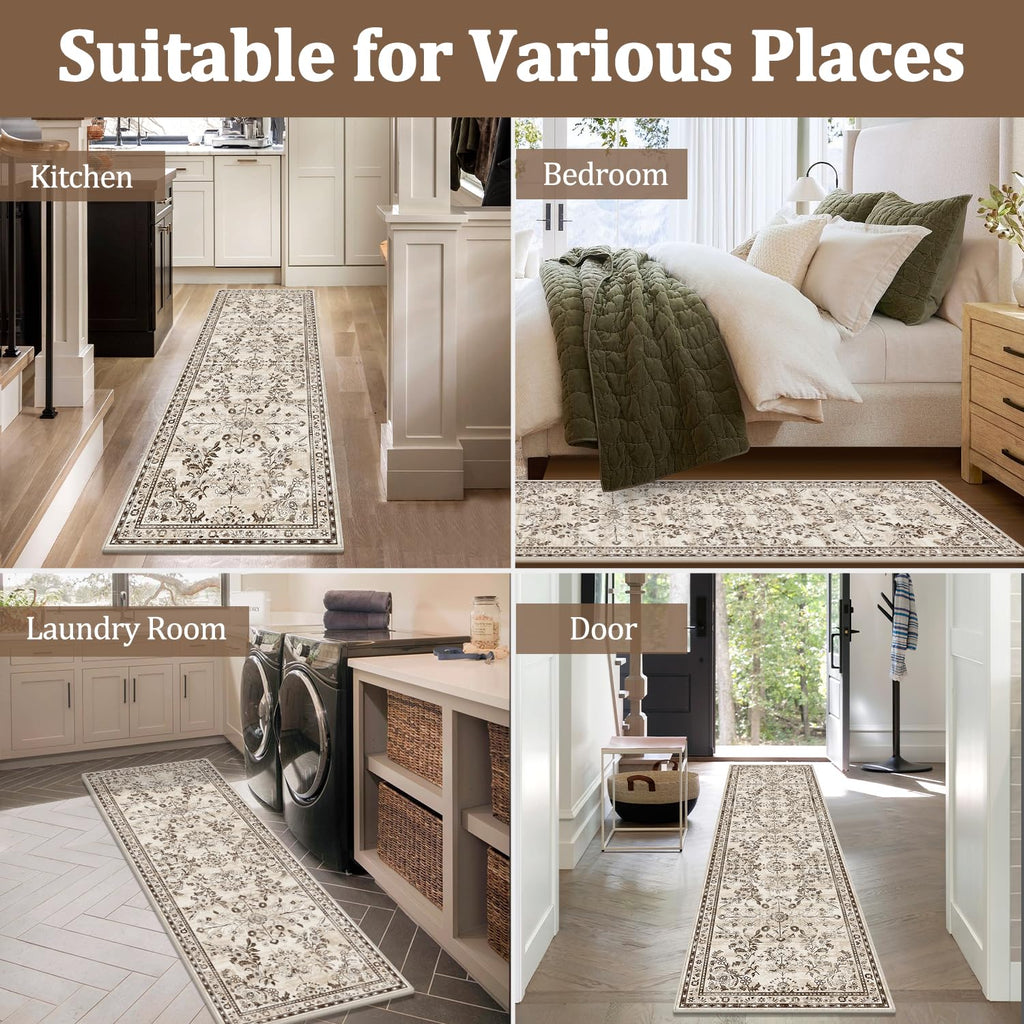 Yamaziot 2x10 Washable Hallway Runner Rug Non Slip Floral Carpet, Brown
