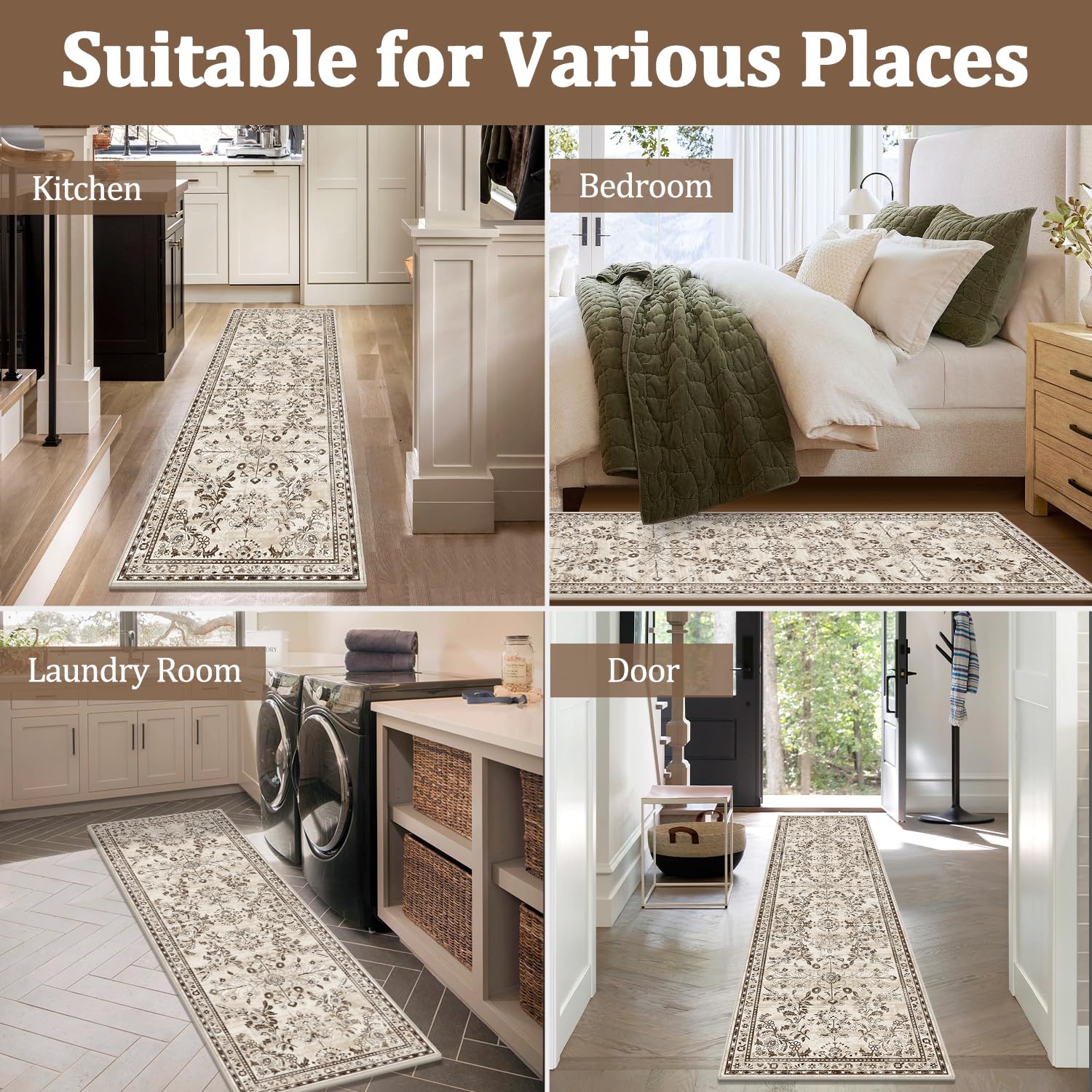 Yamaziot 2x10 Washable Hallway Runner Rug Non Slip Floral Carpet, Brown