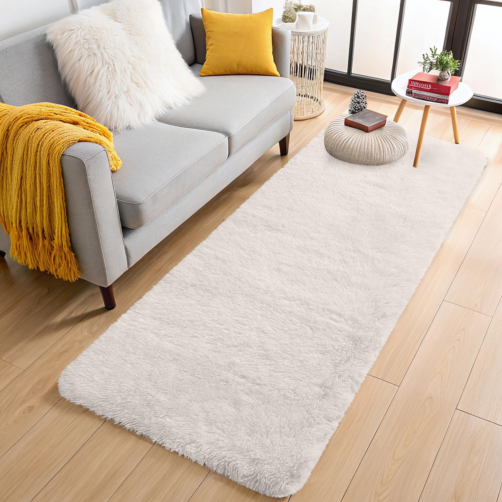 OLANLY 3x12 Machine Washable Runner Rugs for Hallway, Soft Fluffy Shaggy Bedside Rugs for Bedroom, Living Room, Indoor Floor Carpet for Kids Girls and Boys, Nursery Rooms, Home Decor Aesthetic, Ivory