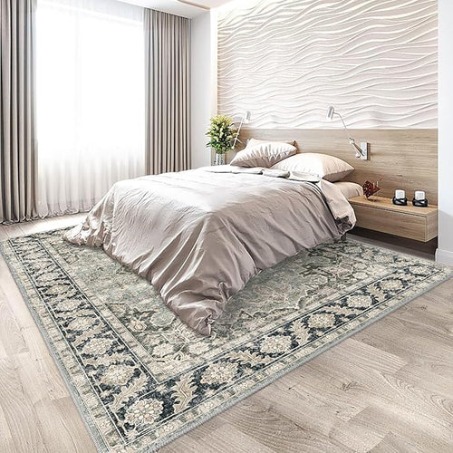 7X9 Washable Area Rug Indoor Vintage Rug (Olive Charcoal / Yellow / Tan)