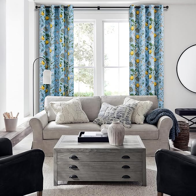 Topfinel Blue and Gold Unique Blackout Curtains 63 Inches Long 2 Panels, Floral Hummingbird Lemon Printed Colorful Energy Efficient Antique Noise Grommet Drapery Treatment for Window Nursery Classroom