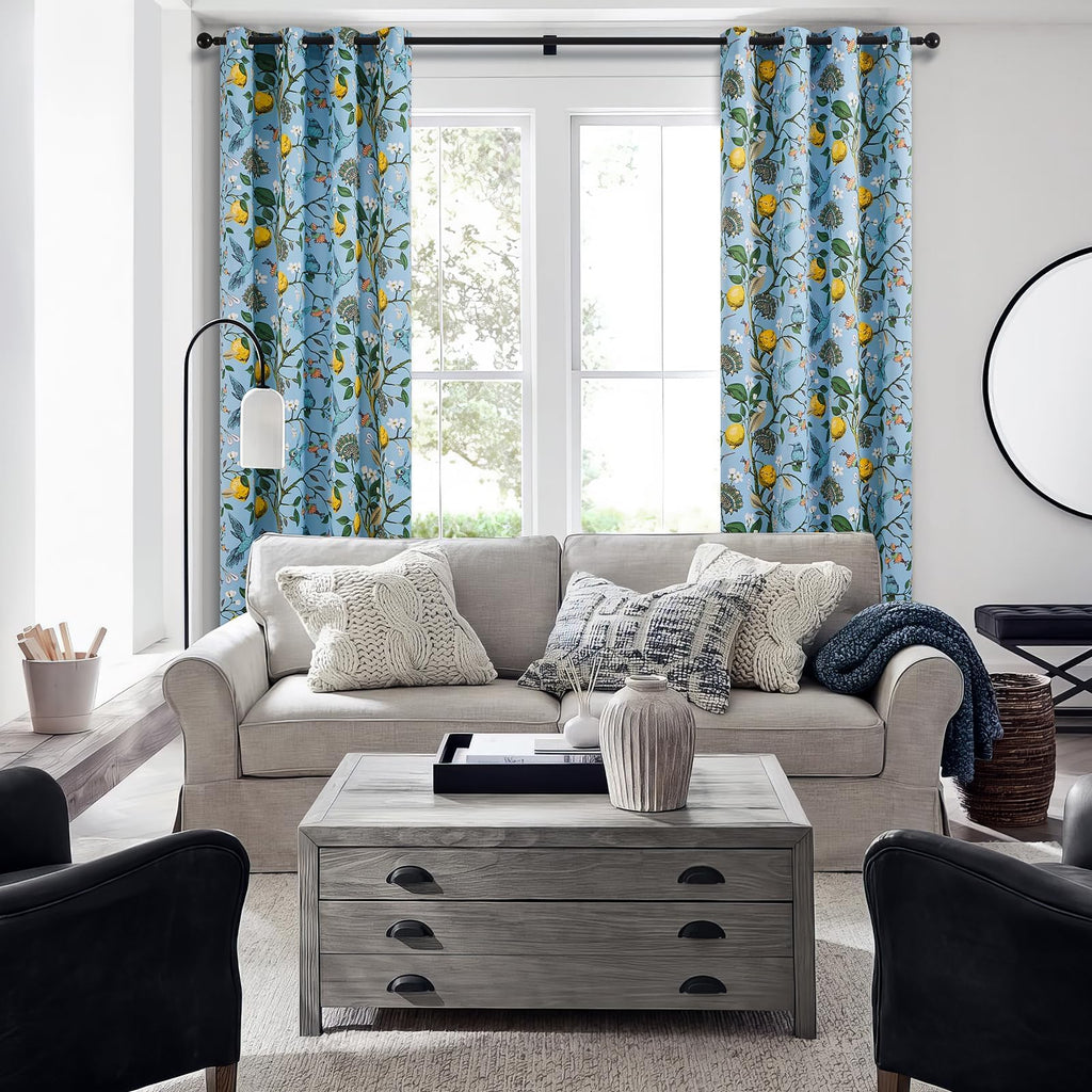 Topfinel Blue Patterned Curtains 2 Pages 96 Inches Long Blackout Heat Block Farmhouse Watercolor Floral Flower Hummingbird Printed Drapes Grommet Window Treatment for Living Room,96 Inch Length