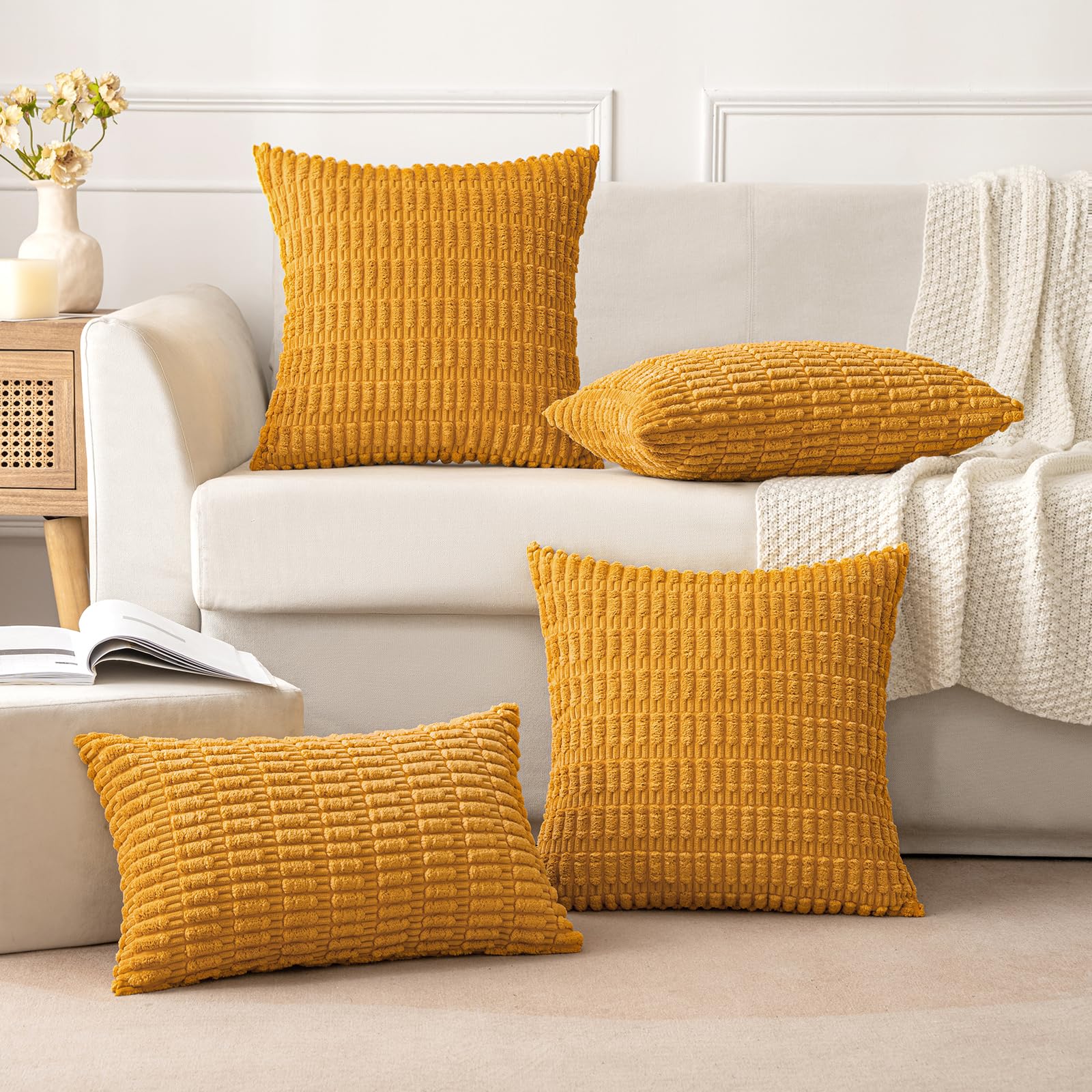 MIULEE Corduroy Decorative Throw Pillow Covers 16x16 Gold Yellow Pack of 2