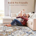 Rugflix 9x12 Area Rug for Living Room, Machine Washable Area Rugs with Non-Slip Backing, Large Soft Boho Vintage Rug for Bedroom, Dining Room, Low Pile Carpet, Kids Pet Friendly, Brown Beige