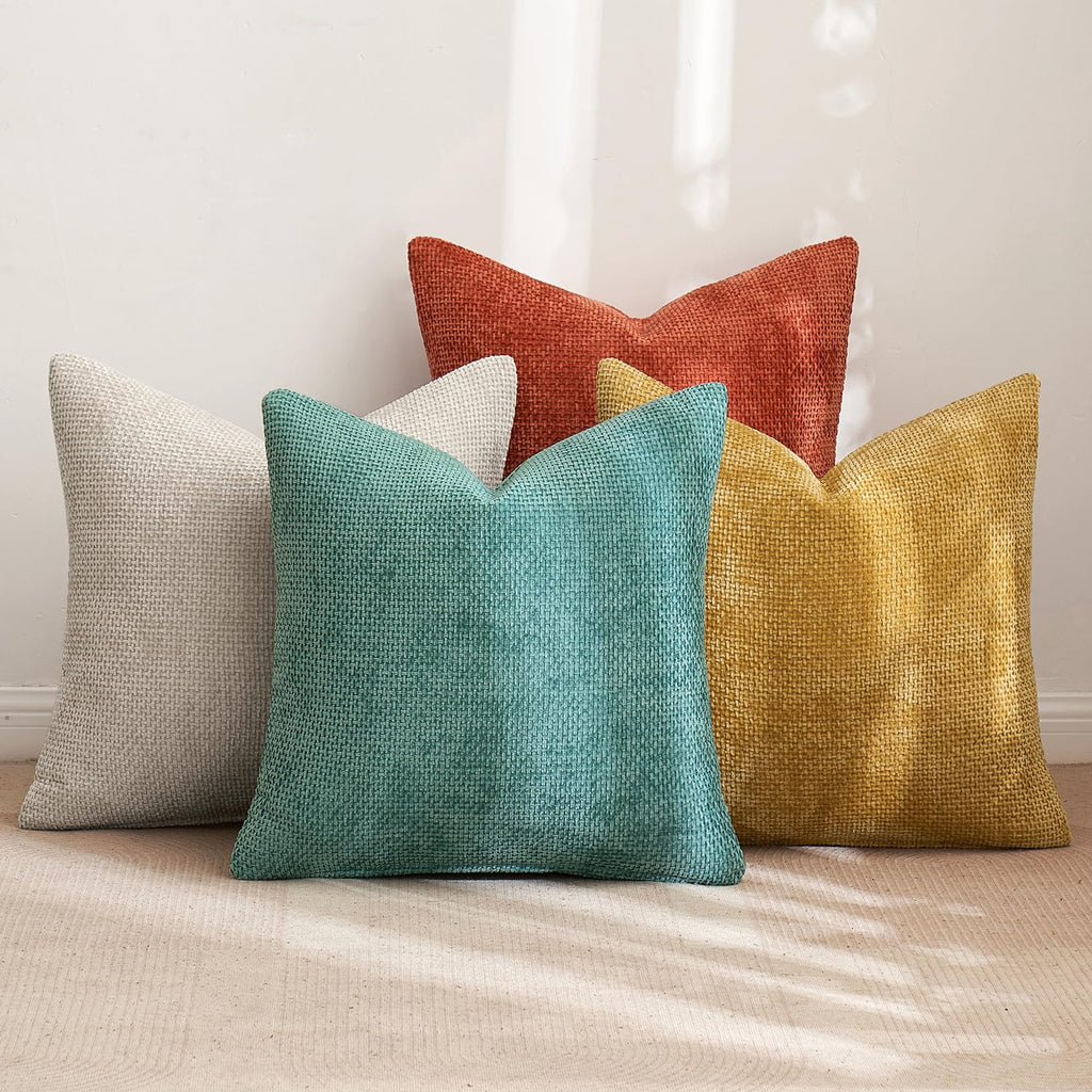 MIULEE Decorative Chenille Fall Pillow Covers Orange Teal 18x18 Pack of 4