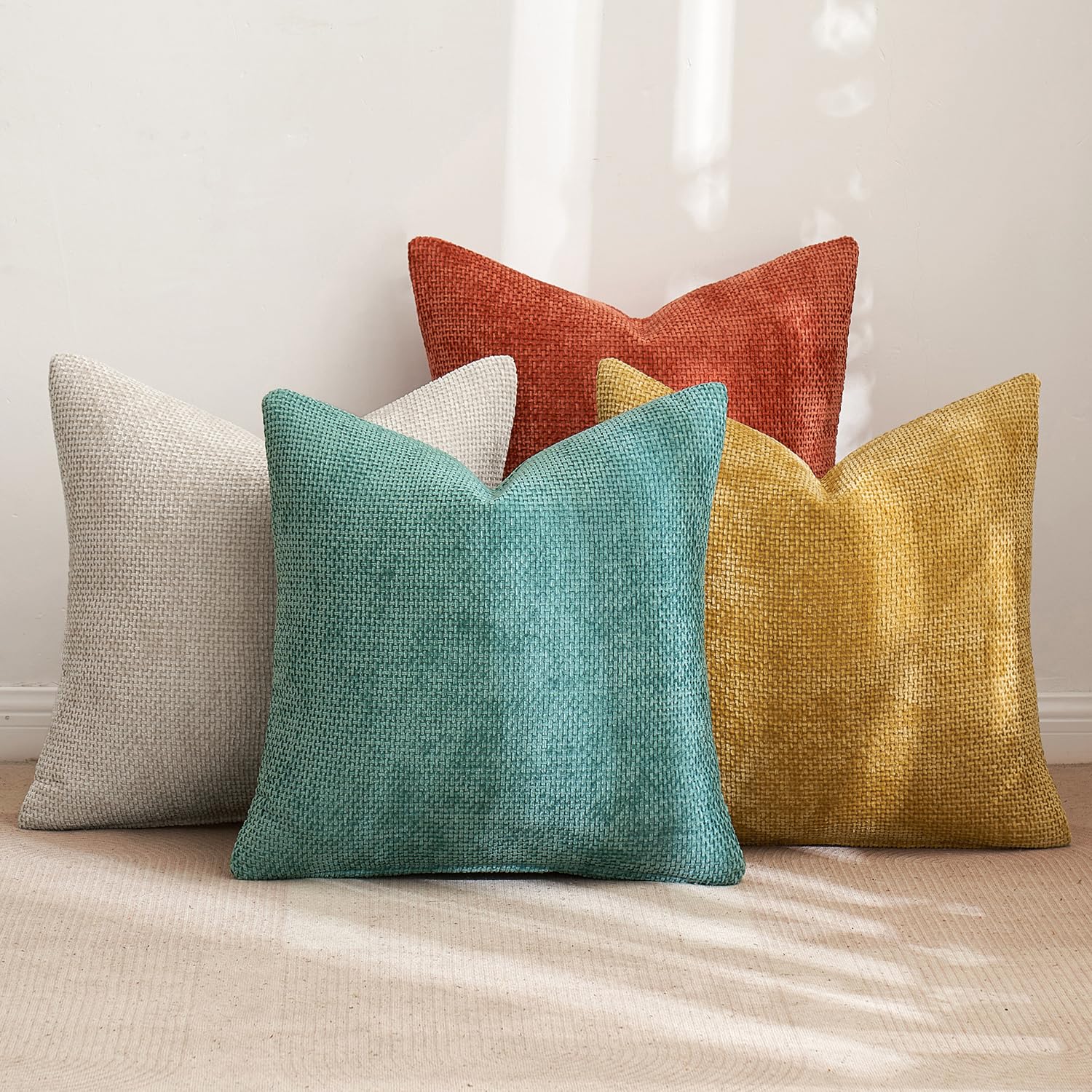 MIULEE Decorative Chenille Fall Pillow Covers Orange Teal 18x18 Pack of 4