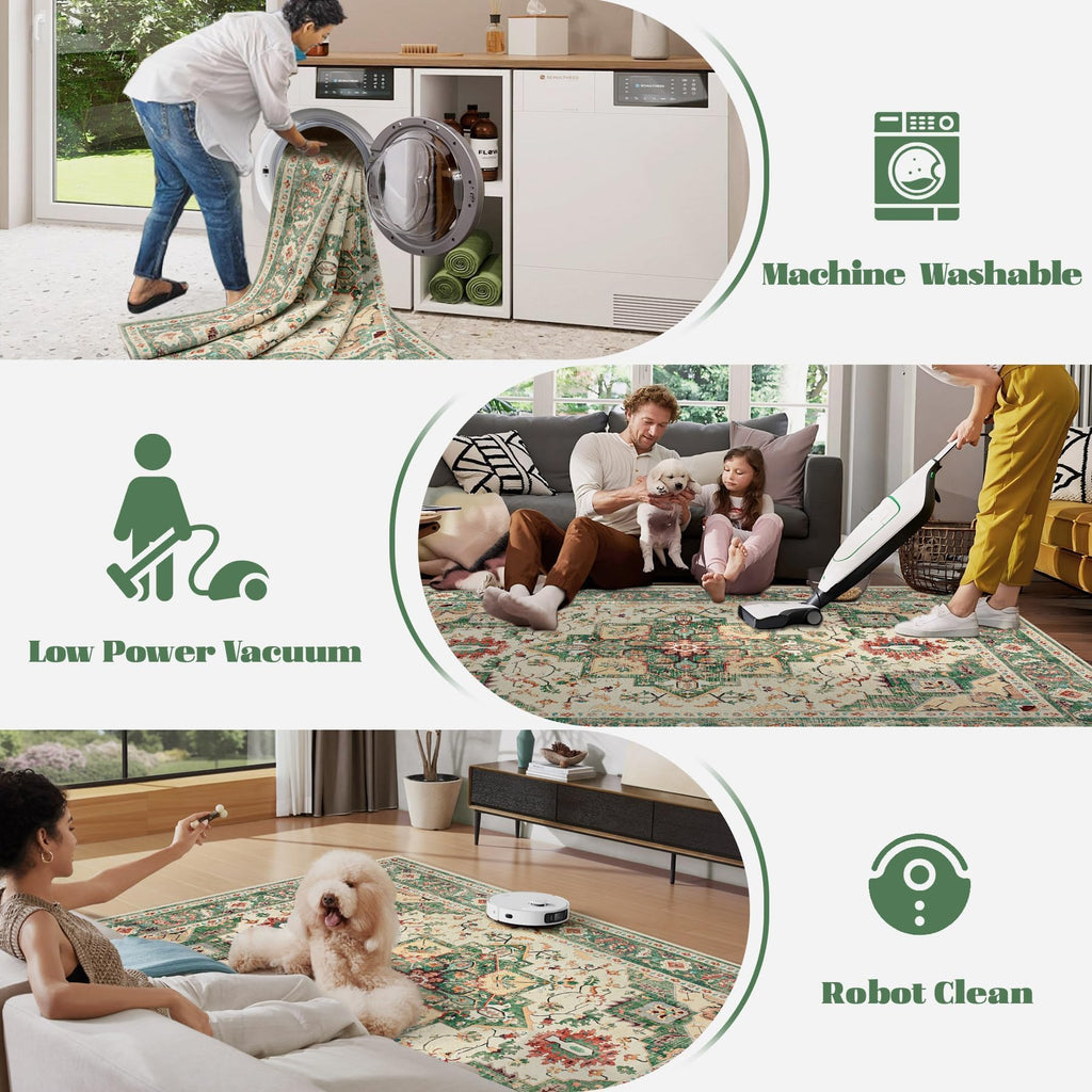 VECARF Area Rug 8x10 Washable Rug, Vintage Boho Medallion Rugs Non-Slip Soft Low Pile Large Distressed Rug Indoor Retro Carpet for Living Room Bedroom Dining Room Home Office (Green Beige, 8'x10')
