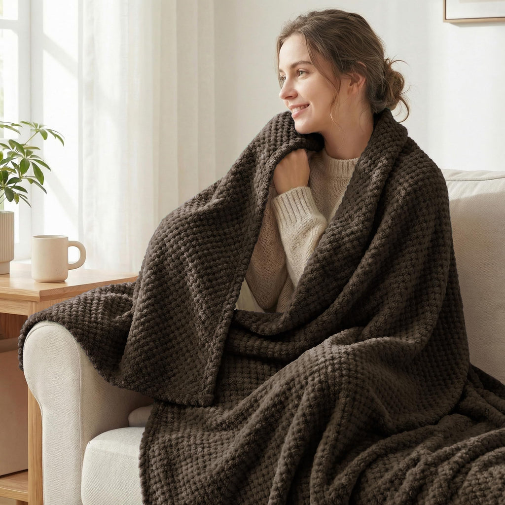 Exclusivo Mezcla Soft Waffle Fleece Bed Blanket King Size, Coffee