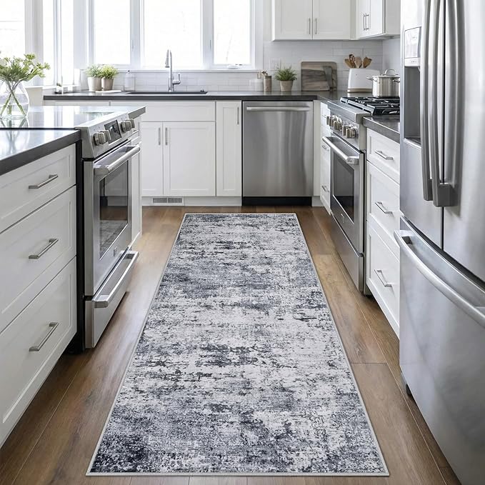 FXRHLP 2.6x8 Washable Runner Rug：Modern Abstract Kitchen Soft Carpet Grey