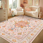 RELEANY Area Rugs 4'x6' Washable Non-Slip, Floral Vintage Distress Print Pattern Medallion Carpet for Living Room Bedroom Dining Room, Light Pink Colorful