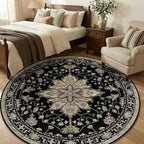 RELEANY Area Rugs 6ft Washable Non-Slip, Floral Vintage Distress Print Pattern Medallion Carpet for Living Room Bedroom Dining Room, Black Brown Neutral Dark Tan
