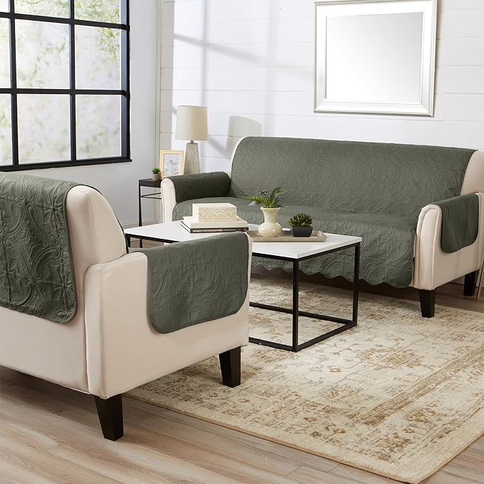 Great Bay Home Reversible Sofa Cover - Washable Slipcover Furniture Protector with Elastic Straps - Perfect for Kids & Pets - Quilted & Stitched Detail (Sage Green/Light Gray)