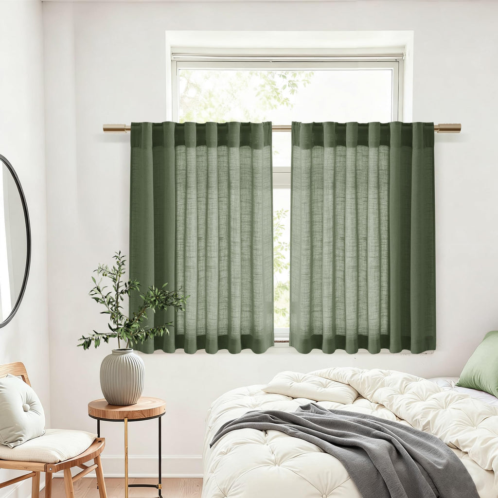Nanspring Linen Kitchen Curtains 30 Inches Long 2 Panels Olive Green Semi Sheer Short Curtain Back Tab Rod Pocket Solid Privacy Cafe Tier Curtains for Cafe Bathroom Basement 36x30