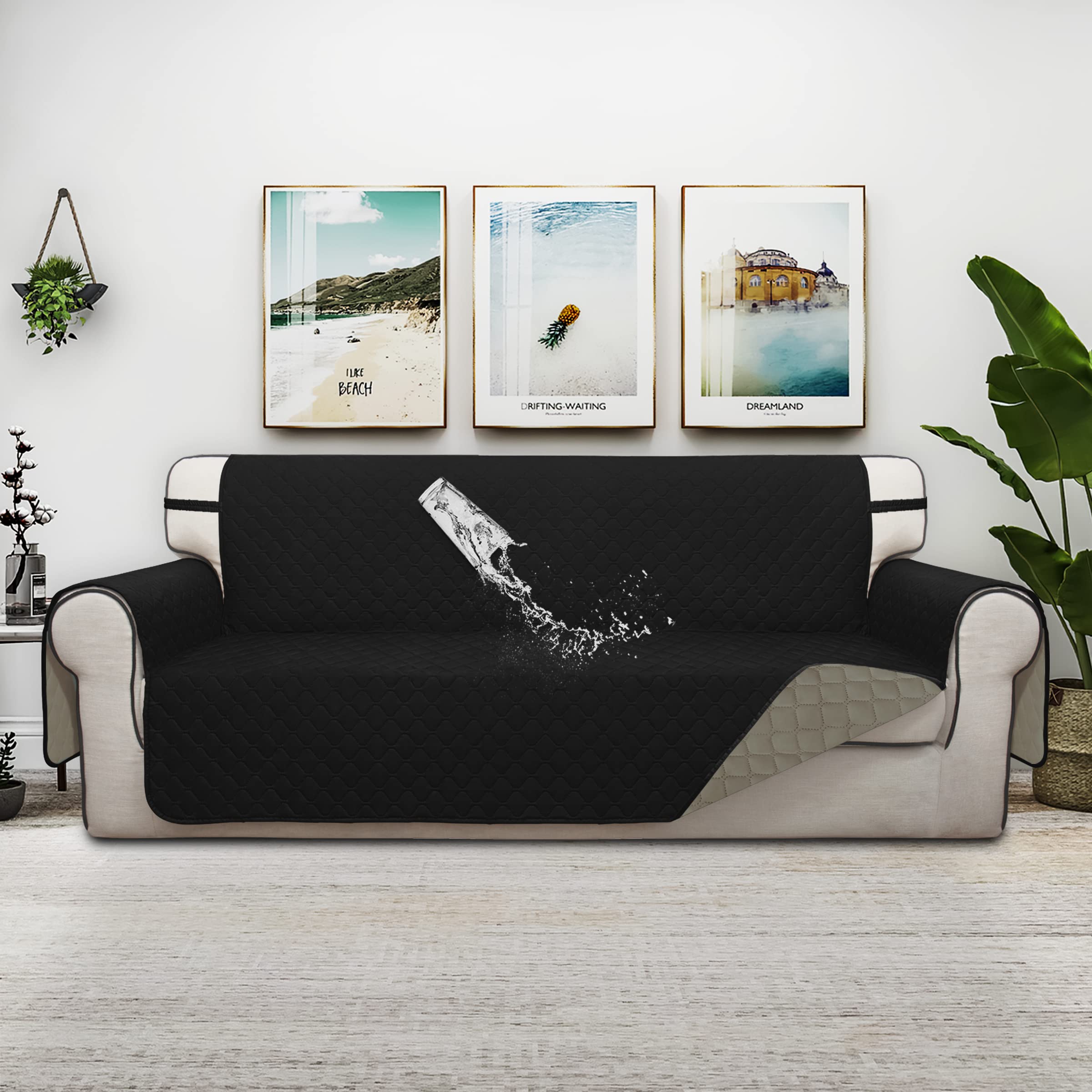 ISSUNTEX Double Protection 100% Waterproof Sofa Covers for Living Room, Couch Covers for 3 Cushion Couch Sofa, Reversible Furniture Protector Sofa Cover for Dogs (Oversized Sofa, Black/Beige)
