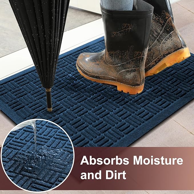 Mibao Front Door Mat Indoor Outdoor Entrance, Dirt Trapping Waterproof All-Season, All-Weather Doormat, Non-Slip Durable Natural Rubber Low Profile Easy Clean Patio Entrance Mat, 29.5" x 17", Blue