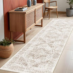 Washable 2'6''x8' Runner Rug - Non-Slip Vintage Runner Rug for Entryway Low-Pile Medallion Long Rugs for Hallway Waterproof Traditional Indoor Thin Rug for Kitchen (Cream/Beige)