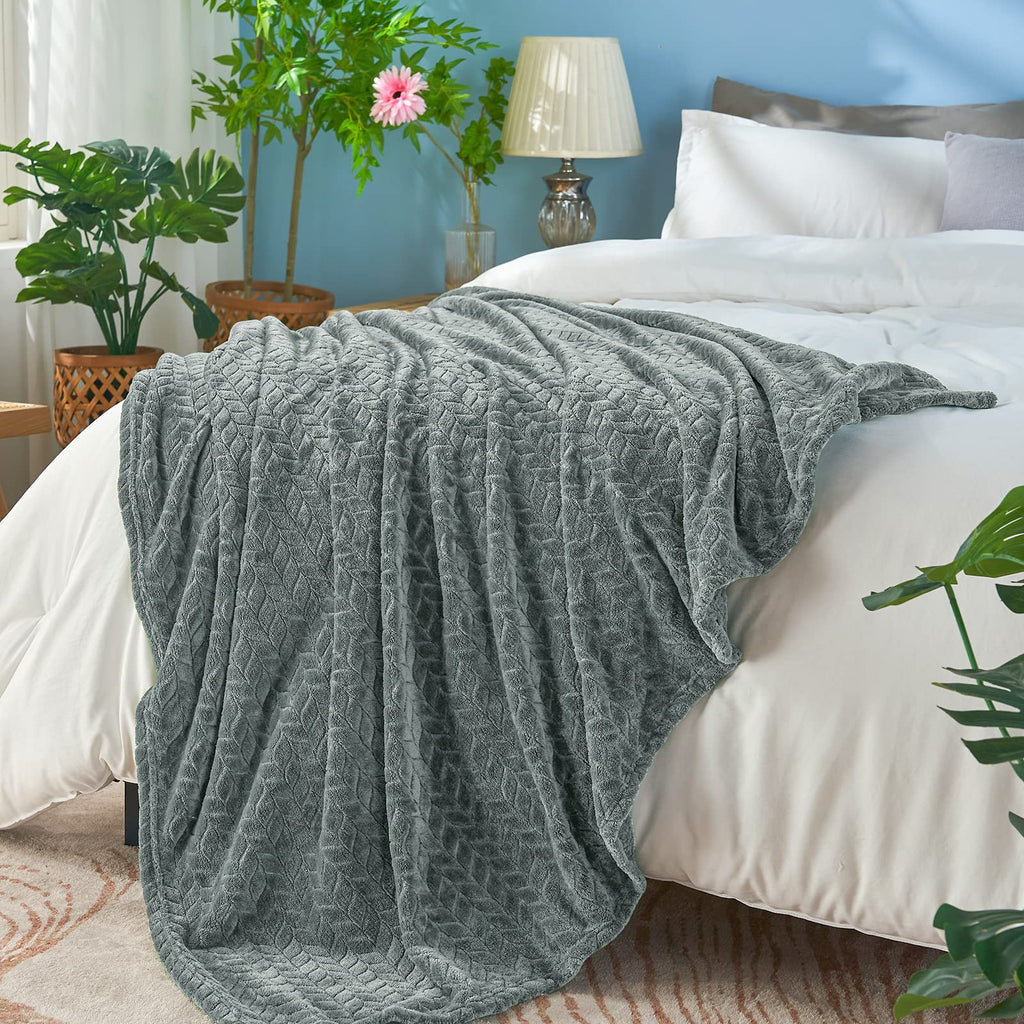 inhand Grey Fleece Queen Blanket for Bed, Super Soft Flannel Cozy Blankets for Adults, Lightweight Leaves Pattern Fuzzy Blanket for Office,Travel, Warm Plush Blankets for All Season, 90x90 Inches