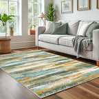 Lansny Modern Abstract 4x6 Living Room Washable Rug Non-Slip Soft Bedroom Area Rug Green Mustard Multi Thin Print Faux Wool Floor Carpet Throw Rugs for Nursery Playroom Dining Room Indoor Office