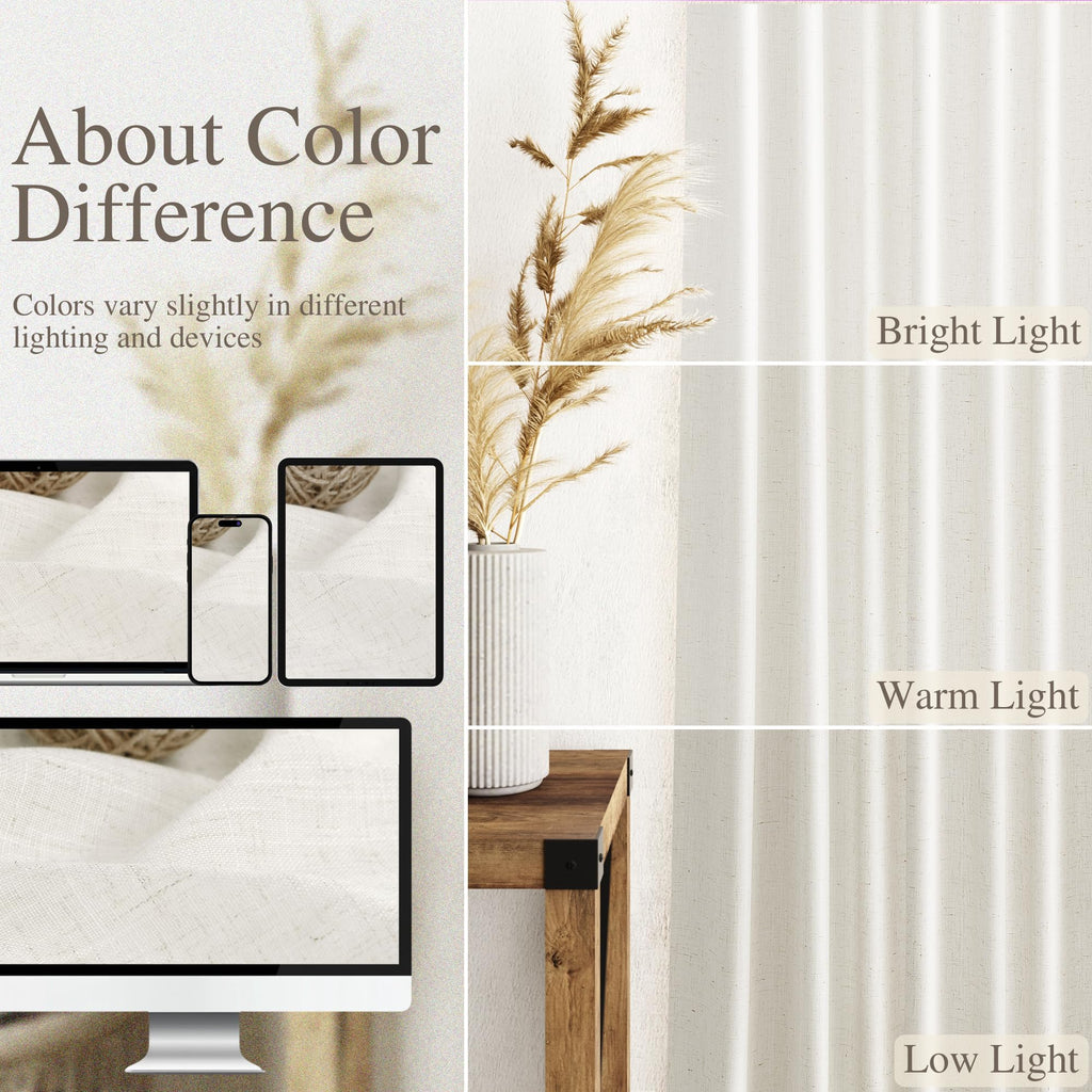 Extra Long Beige White Linen Curtains 132 Inch for Living Room 2 Panels Set Rod Pocket Back Tab Light Filtering Semi Sheer Curtain Privacy Floor to Ceiling High Ceiling Drapes for Farmhouse 52x132
