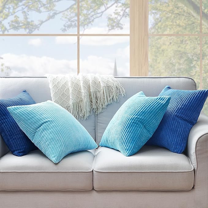 Topfinel Decorative Throw Pillow Covers Aque Teal Blue Series,Summer Corduroy Striped Toss Pillows for Couch,Patio,Balcony,Children Bedroom,Modern Fluffy Blue Gradient Shams 20x20 Inch Set of 4