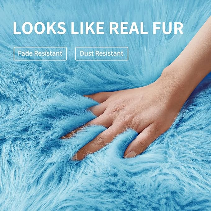 Tangsoo 2x6 Sky Blue Faux Fur Rug,Soft Sheepskin Runner Rug for Bedroom