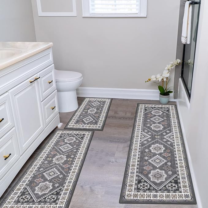 HEBE Boho Kitchen Rugs Set of 3, Non Slip Washable Kitchen Mats for Floor