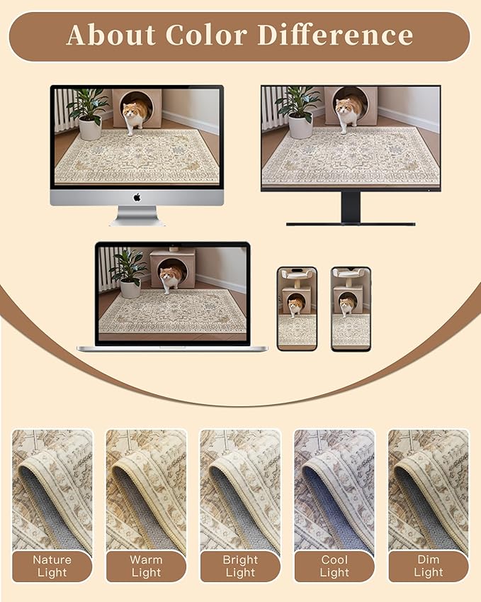 Madane 6x9 Area Rugs for Living Room, Vintage Washable Rug, Beige/Blue