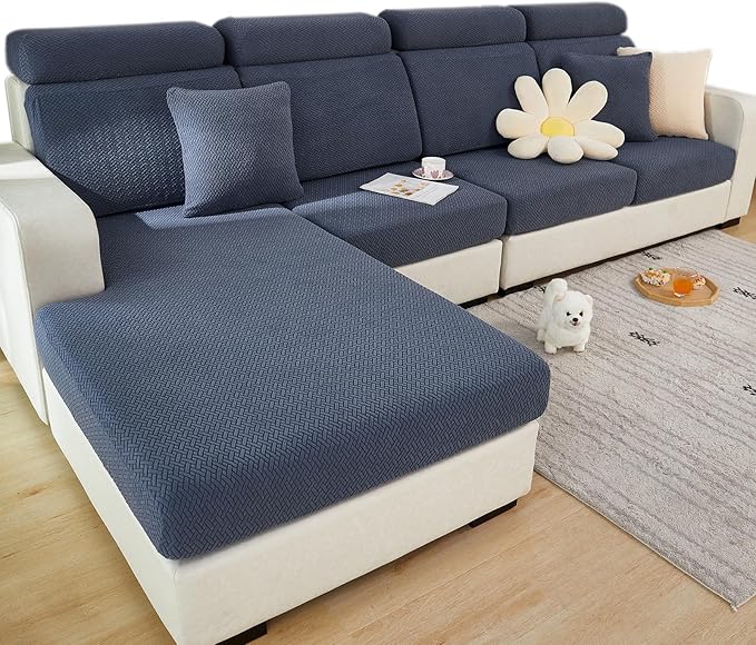Yoovat Couch Cushion Covers for Sofa Couch Covers Wear-Resistant Universal Sofa Cover Washable Stretch for Sectional Slipcovers (Texture-Gray Blue,Chaise Cover)