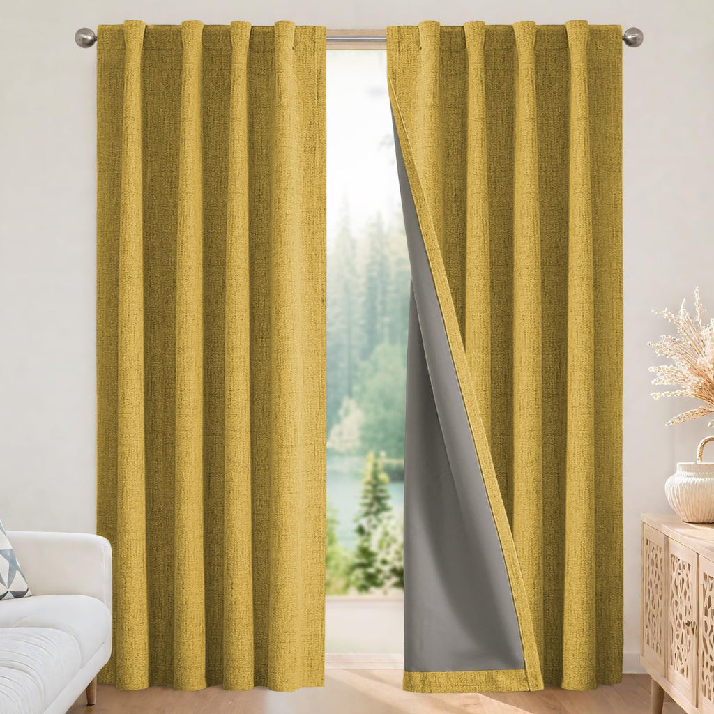 Joydeco Blackout Curtains for Bedroom - 100% Light Blocking 2 Panels Set Yellow Drapes 66" W x 96" L, Thermal Insulated Room Darkening Curtains, Linen Textured for Living Room, Rod Pocket & Back Tabs