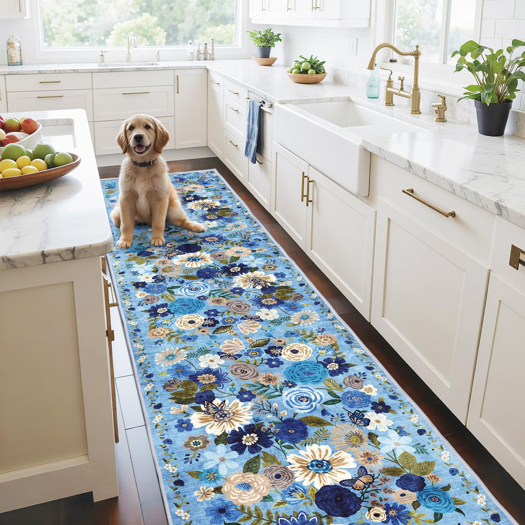 Babovid Blue Garden Floral Hallway Runner Rug 2x10 for Kitchen Bathroom