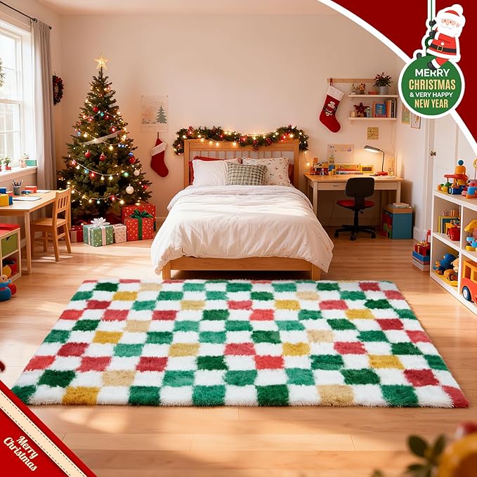 Checkered Area Rug 4x6 for Bedroom Living Room, Christmas Shag Rug Fuzzy Shaggy Bedside Carpet, Indoor Plush Floor Rugs for Holiday Home Decor