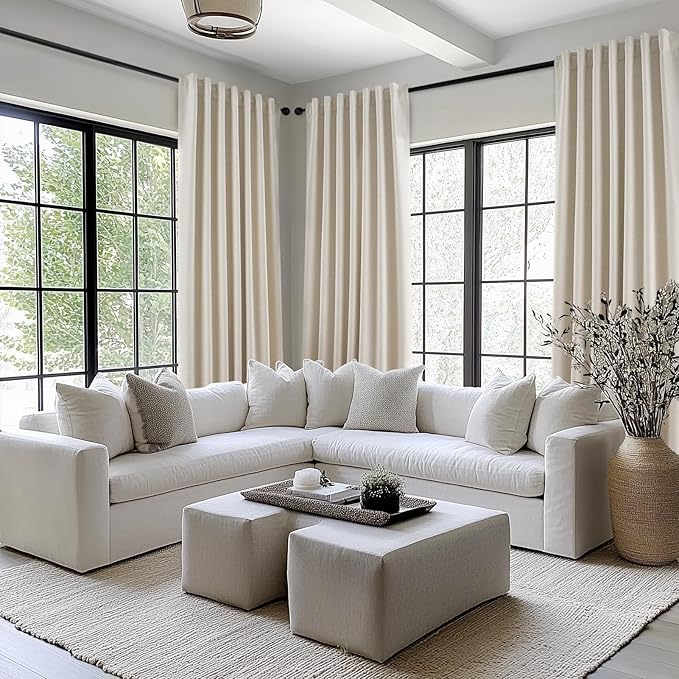 Topfinel 95 Inch Curtains Linen Blackout Curtains 2 Panel Set 100% Blackout Heat Reducing Room Darkening Curtains for Bedroom/Dorm UV Blocking/Noise Canceling Ivory Cream Drapes Back Tab Hooks&Rings
