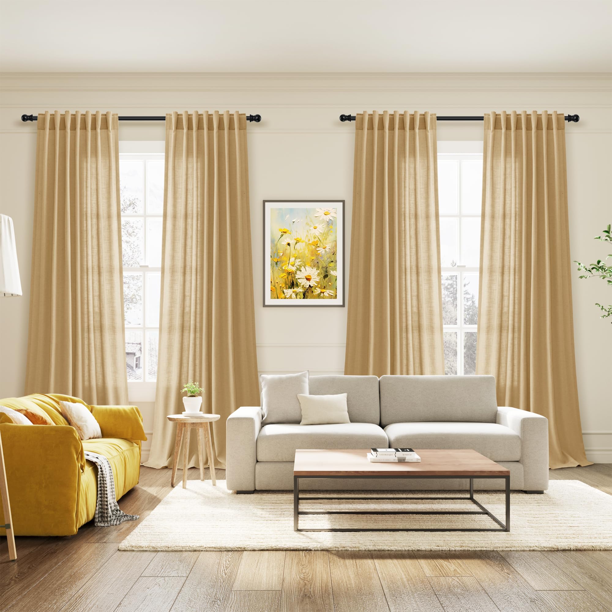 Gold Yellow Linen Curtains 84 Inch Length 2 Panels Set for Living Room Rod Pocket Back Tab Light Filtering Window Drapes for Bedroom Dining Room Protect Privacy Country Farmhouse Decor 52x84