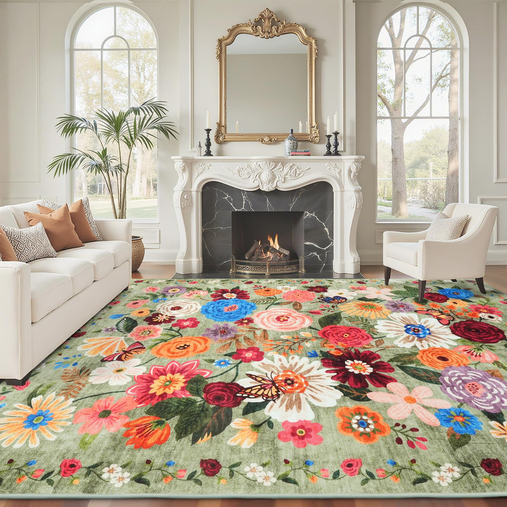 Babovid Floral Area Rugs 5x7 for Bedroom Livingroom Green Non-Slip