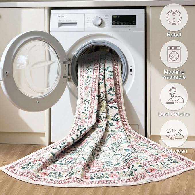 PLHXFR Area Rug Living Room: 5x7 Floral Washable Boho Carpet Pink Green