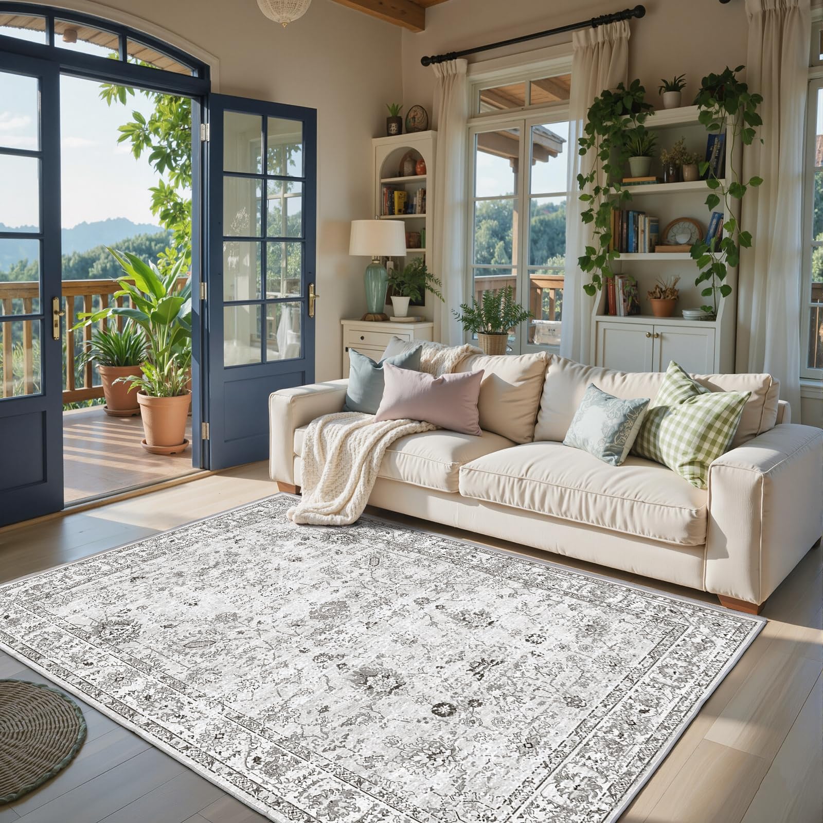 Babovid Grey Floral Area Rug 4x6 for Bedroom Dining Room