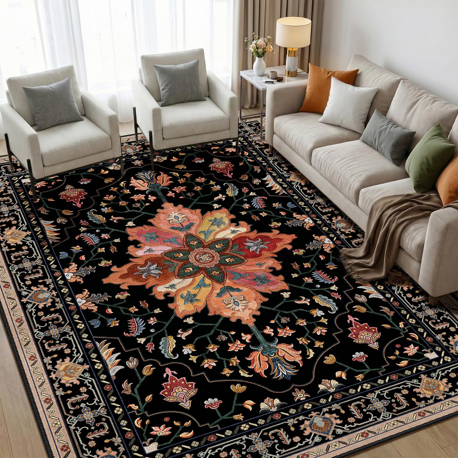 RELEANY Washable Area Rug, 5'x7', Black/Colorful
