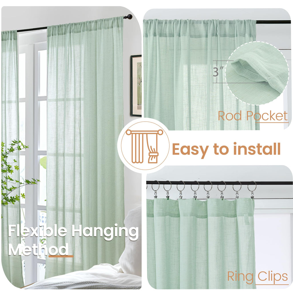 BGment Light Green Linen Curtains 45 Inch Length - Small Window Drapes Lightweight with Rod Pocket for Bathroom Kitchen Window Spring Decor, 2 Panels Set, 30 X 45 Inch