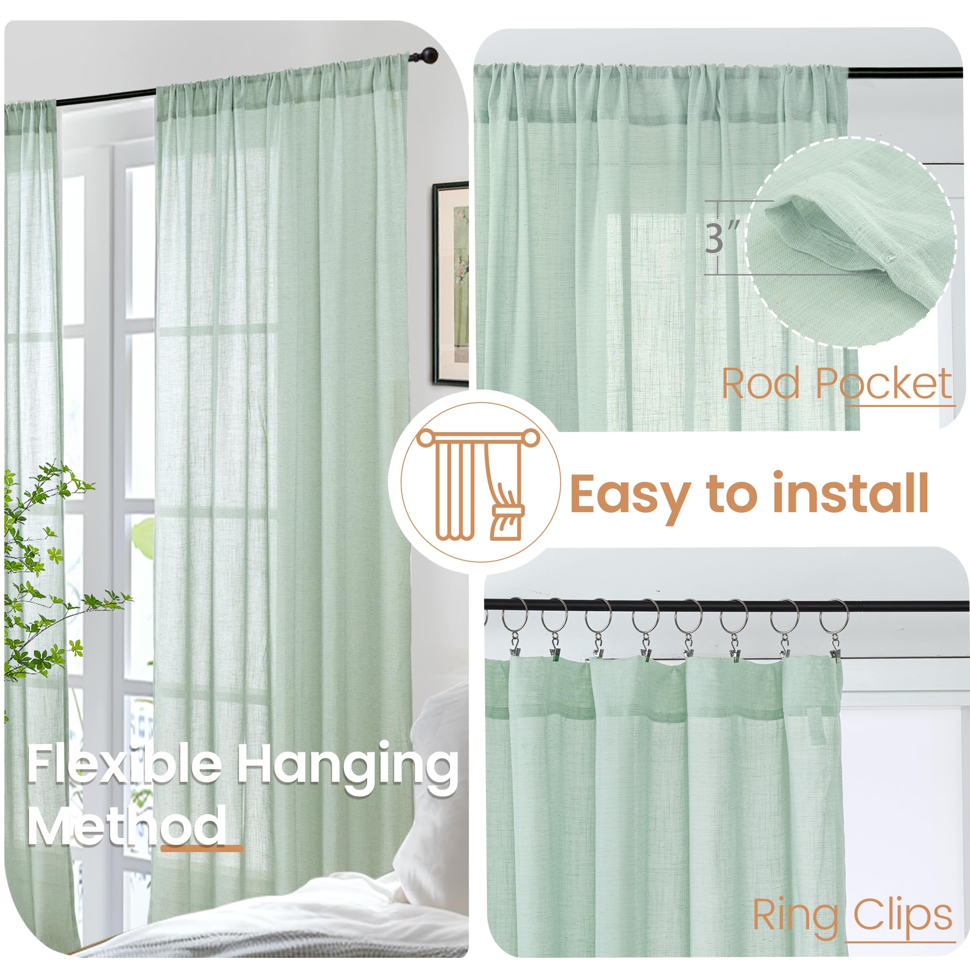 BGment Light Green Linen Curtains 45 Inch Length - Small Window Drapes Lightweight with Rod Pocket for Bathroom Kitchen Window Spring Decor, 2 Panels Set, 30 X 45 Inch