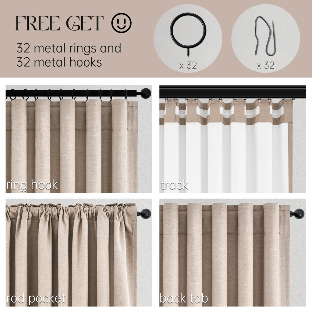 96 inch long blackout window curtains 2 Panels for bedroom 100% Black out Linen texture Curtain Vintage Farmhouse Drapes with Back Tab Rod Pocket Pinch pleated Thermal Insulated Panel for Living Room