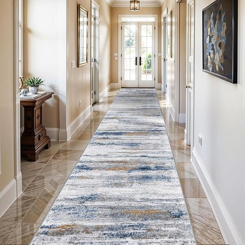 3x12 Washable Hallway Runner Rug: Extra Long Runners for Entryway Living Room Dining Room - Stain and Water Resistant Rugs with Non-Slip Backing - Soft Low-Pile Carpet 12ft Navy Grey