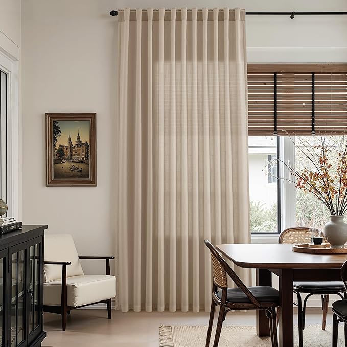 Sepia Beige Linen Curtains 102 Inches Long for Living Room Rustic Farmhouse Decor Light Filtering Semi Sheer Curtain Back Tab Neutral Modern Luxury Drapes for Bedroom Office 52x102, 2 Panels