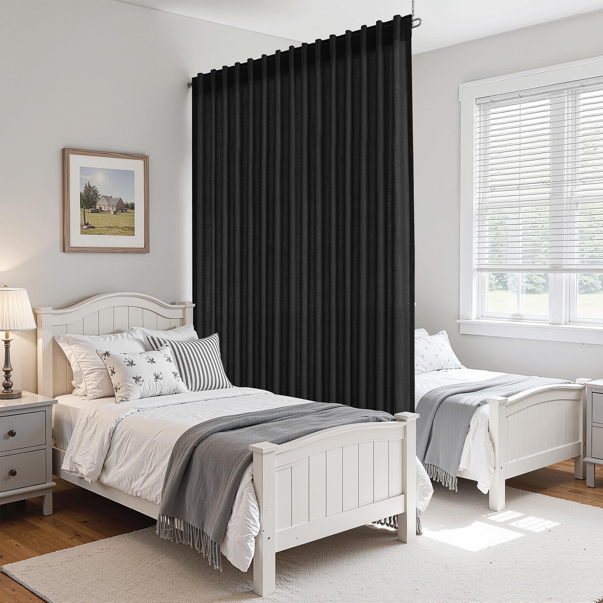 Black Large Window Curtains Light Filtering Semi Sheer Privacy Linen Textured Curtain for Patio Sliding Glass Door Extra Wide Rustic Farmhouse Drapes for Living Room Bedroom Sunroom 100x90 Inch