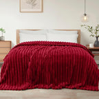 Exclusivo Mezcla Queen Size Flannel Fleece Blanket, Super Soft Striped Jacquard Bed Blanket, Lightweight Fuzzy Cozy for All Seasons, 90x90 Inches, Deep Red
