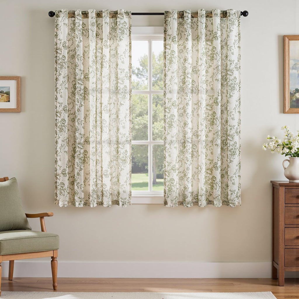 jinchan Vintage Floral Linen Curtains 63 Long for Living Room 2 Panels