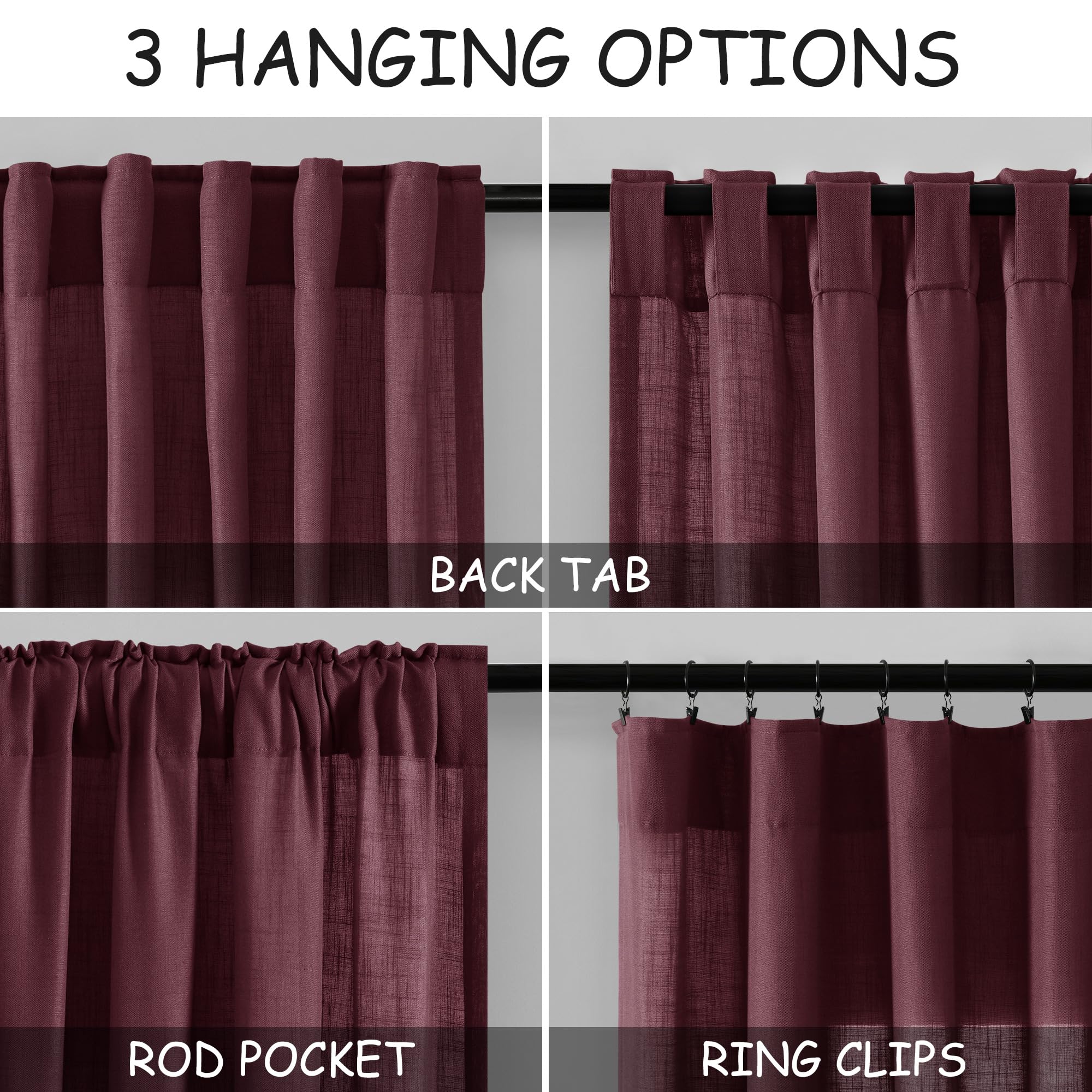 Burgundy Linen Curtains 90 Inch Long 2 Panels Set for Bedroom Living Room Linen Textured Window Drapes Semi Sheer Light Filtering Rod Pocket Back Tab Cotton Textured Farmhouse Curtain 52x90