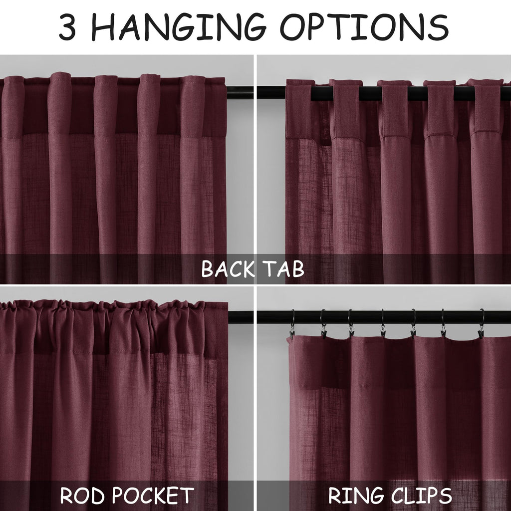 Burgundy Linen Curtains 63 Inches Long 2 Panel Sets for Living Room Bedroom Rod Pocket Back Tab Light Filtering Drape for Kitchen Window Short Protect Privacy Curtain Modern Farmhouse Decor 52x63