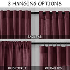 Burgundy Linen Curtains 63 Inches Long 2 Panel Sets for Living Room Bedroom Rod Pocket Back Tab Light Filtering Drape for Kitchen Window Short Protect Privacy Curtain Modern Farmhouse Decor 52x63